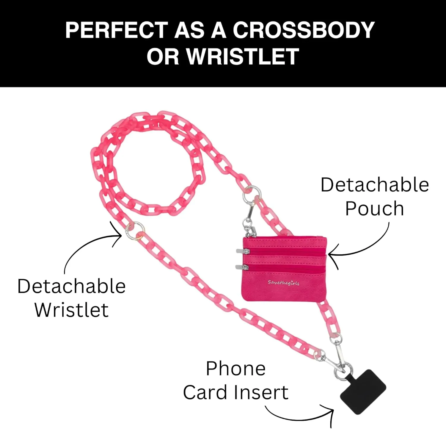 Clip and Go Phone Chain with Pouch (Hot Pink - Pink Pouch) – Stylish Phone Lanyard Crossbody with Wallet for Women, Hands-Free Carrying and Adjustable Crossbody Chain Strap