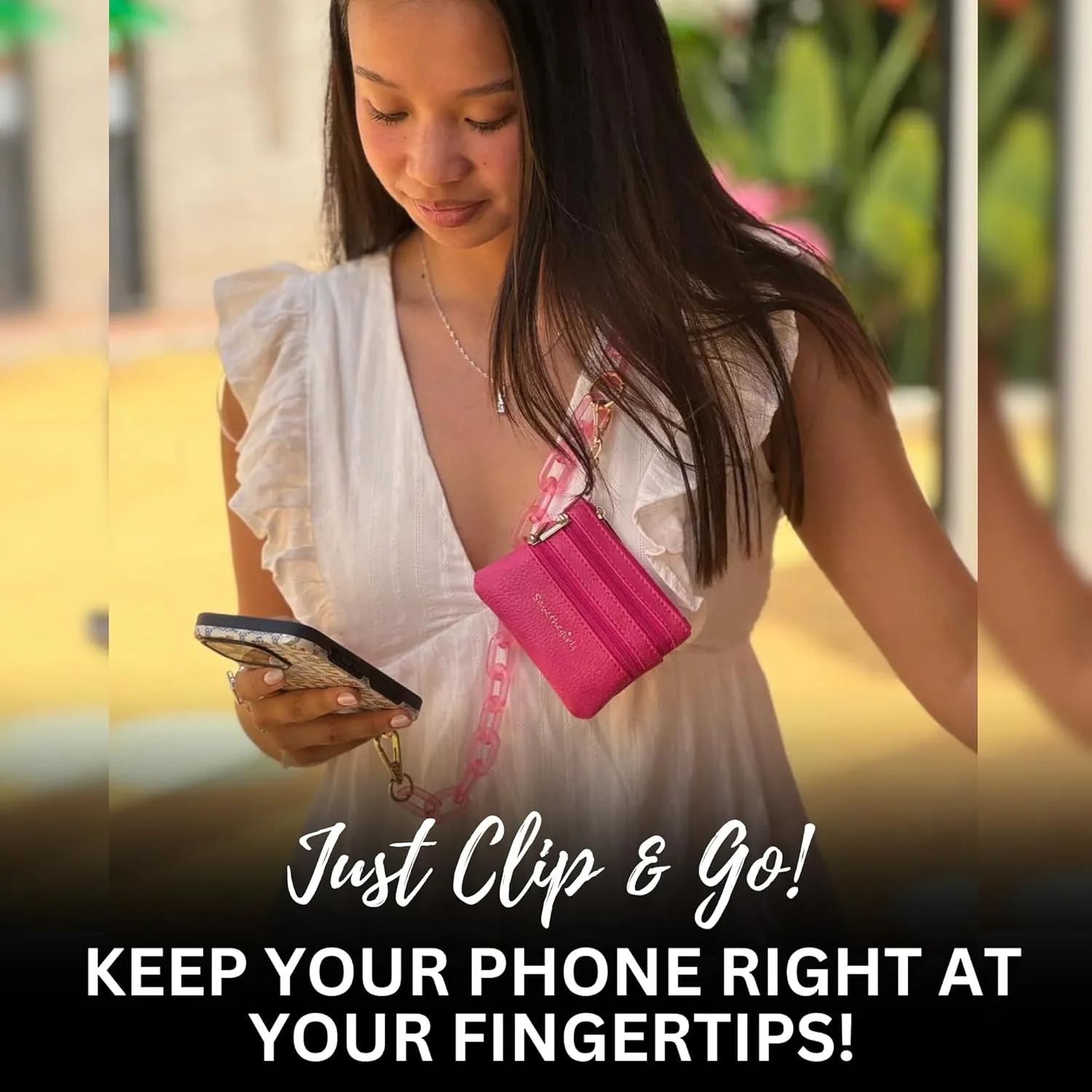 Clip and Go Phone Chain with Pouch (Hot Pink - Pink Pouch) – Stylish Phone Lanyard Crossbody with Wallet for Women, Hands-Free Carrying and Adjustable Crossbody Chain Strap