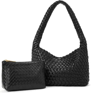 CLUCI Woven Shoulder Bag for Women，Vegan Leather Purse Tote Handbag 2PS