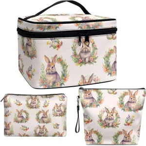 COEQINE 3 Pieces Makeup Bag Set Floral Bunny Print Large Travel Makeup Organizer for Women Big Capacity Cosmetic Case With Handles Portable Aesthetic Floral Toiletry Organizer Bag Waterproof
