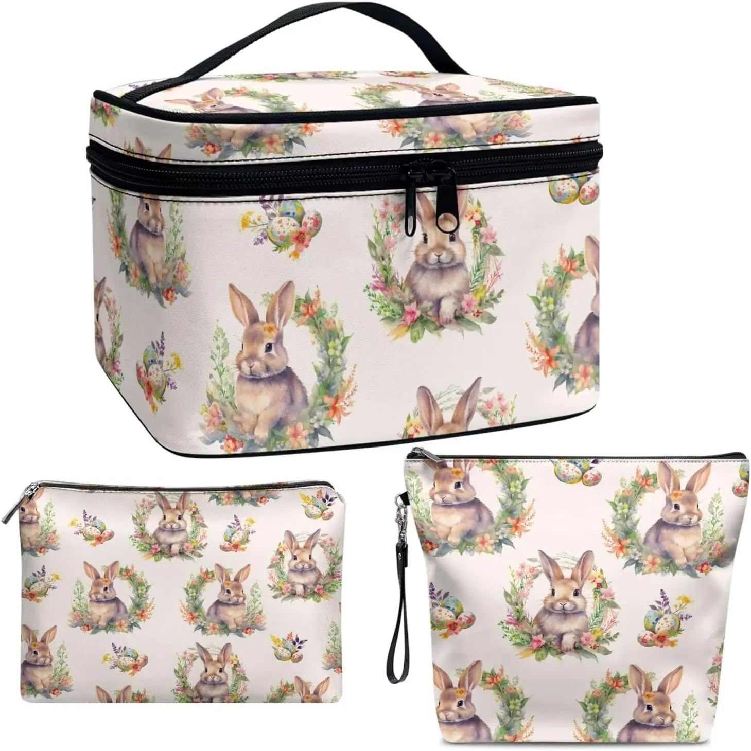 COEQINE 3 Pieces Makeup Bag Set Floral Bunny Print Large Travel Makeup Organizer for Women Big Capacity Cosmetic Case With Handles Portable Aesthetic Floral Toiletry Organizer Bag Waterproof