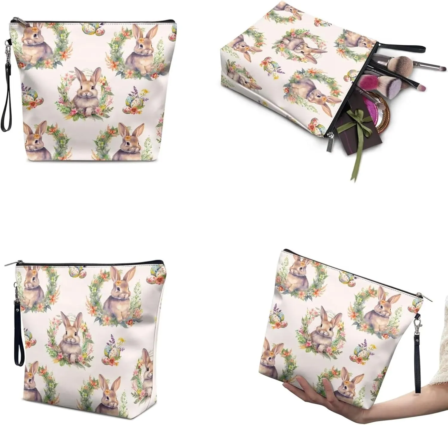 COEQINE 3 Pieces Makeup Bag Set Floral Bunny Print Large Travel Makeup Organizer for Women Big Capacity Cosmetic Case With Handles Portable Aesthetic Floral Toiletry Organizer Bag Waterproof