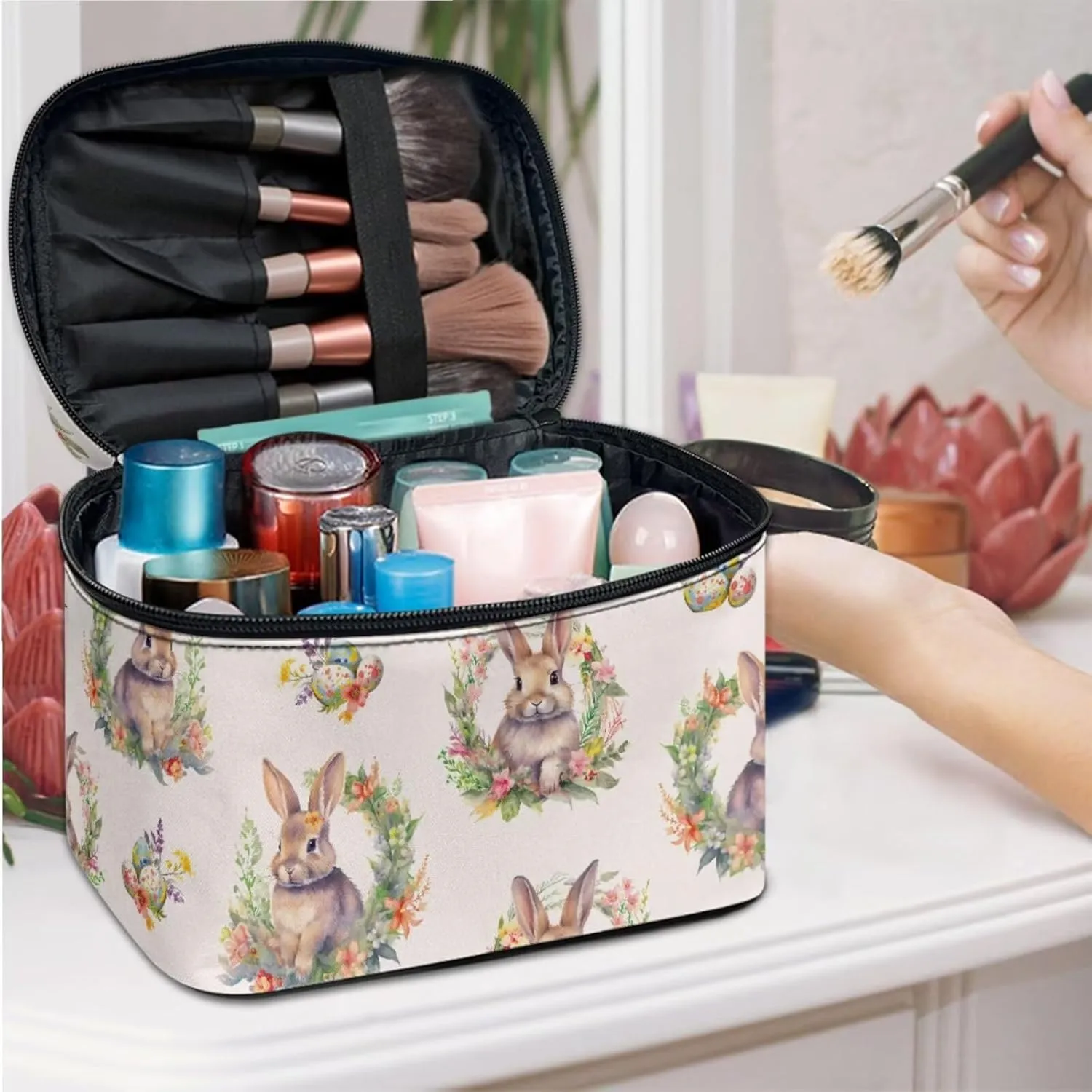 COEQINE 3 Pieces Makeup Bag Set Floral Bunny Print Large Travel Makeup Organizer for Women Big Capacity Cosmetic Case With Handles Portable Aesthetic Floral Toiletry Organizer Bag Waterproof