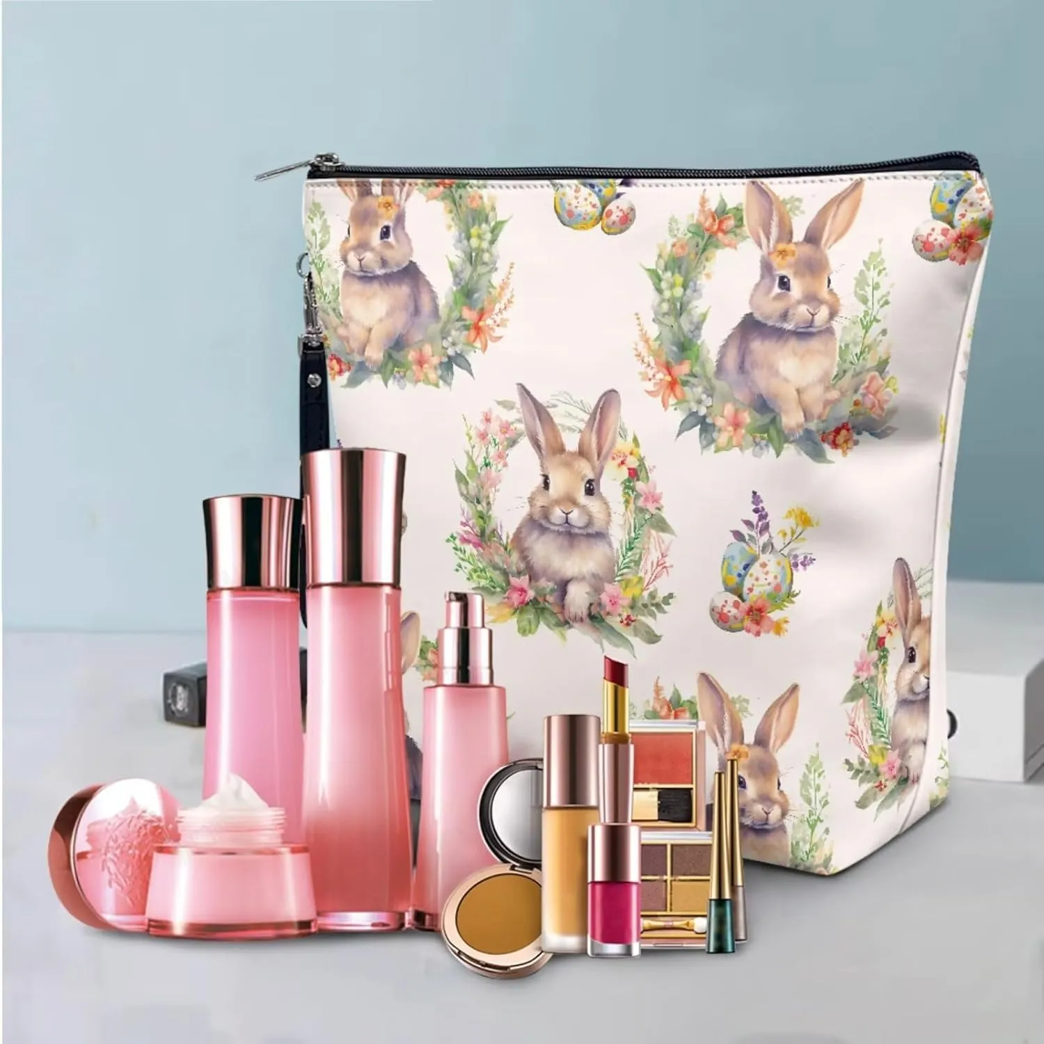 COEQINE 3 Pieces Makeup Bag Set Floral Bunny Print Large Travel Makeup Organizer for Women Big Capacity Cosmetic Case With Handles Portable Aesthetic Floral Toiletry Organizer Bag Waterproof