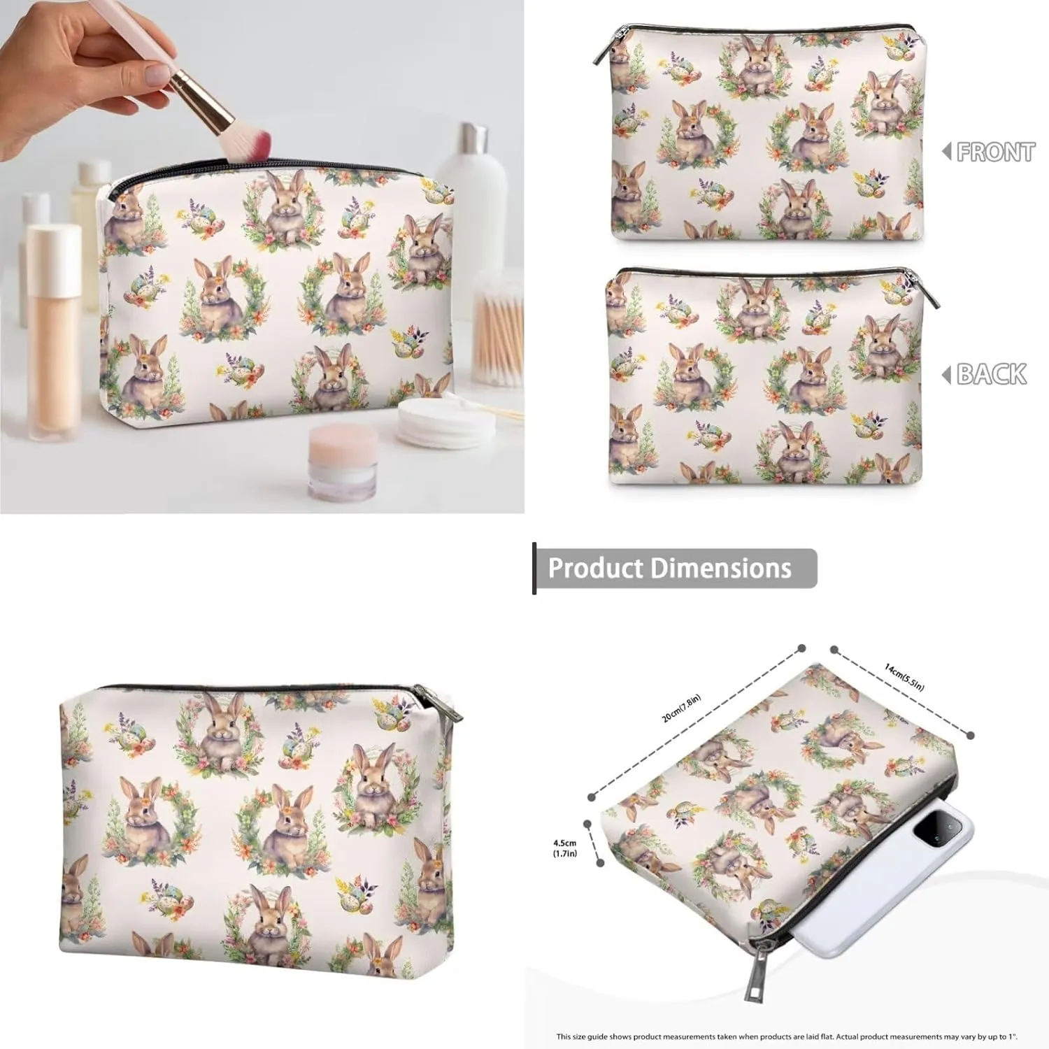 COEQINE 3 Pieces Makeup Bag Set Floral Bunny Print Large Travel Makeup Organizer for Women Big Capacity Cosmetic Case With Handles Portable Aesthetic Floral Toiletry Organizer Bag Waterproof