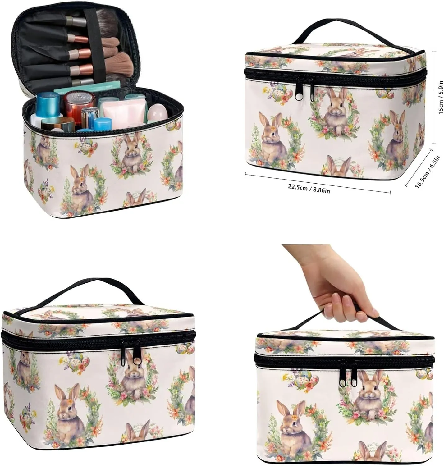 COEQINE 3 Pieces Makeup Bag Set Floral Bunny Print Large Travel Makeup Organizer for Women Big Capacity Cosmetic Case With Handles Portable Aesthetic Floral Toiletry Organizer Bag Waterproof