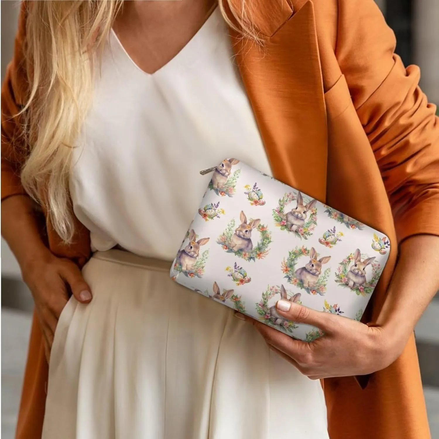 COEQINE 3 Pieces Makeup Bag Set Floral Bunny Print Large Travel Makeup Organizer for Women Big Capacity Cosmetic Case With Handles Portable Aesthetic Floral Toiletry Organizer Bag Waterproof