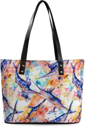 Colorful Marlin Sailfish Watercolor Purse for Women Casual Tote Bags Purses Ladies Top Handle Shoulder Handbag for Work Travel