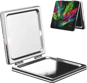 Colorful Tropical Leaf Printed Square Pocket Makeup Mirror with 1X/2X Magnification, Portable Mini Travel Makeup Mirror for Travel Daily Work Beauty