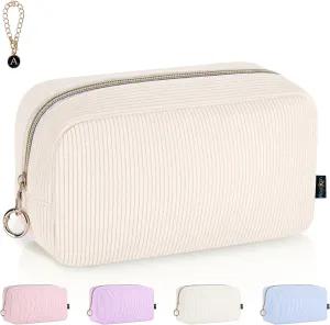 Corduroy Makeup Bag, Small Cosmetics Bag for Purse, Portable Travel Makeup Pouch with Ring Buckle & Inner Pockets for Women