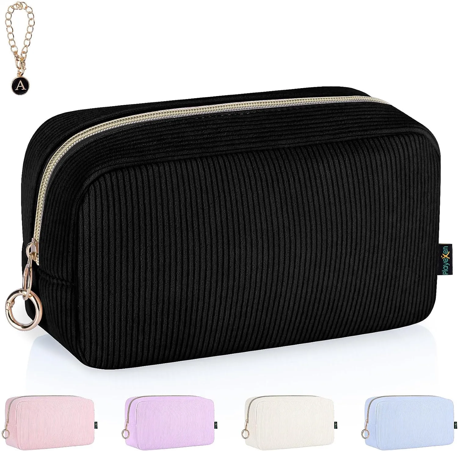 Corduroy Makeup Bag, Small Cosmetics Bag for Purse, Portable Travel Makeup Pouch with Ring Buckle & Inner Pockets for Women