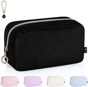 Corduroy Makeup Bag, Small Cosmetics Bag for Purse, Portable Travel Makeup Pouch with Ring Buckle & Inner Pockets for Women