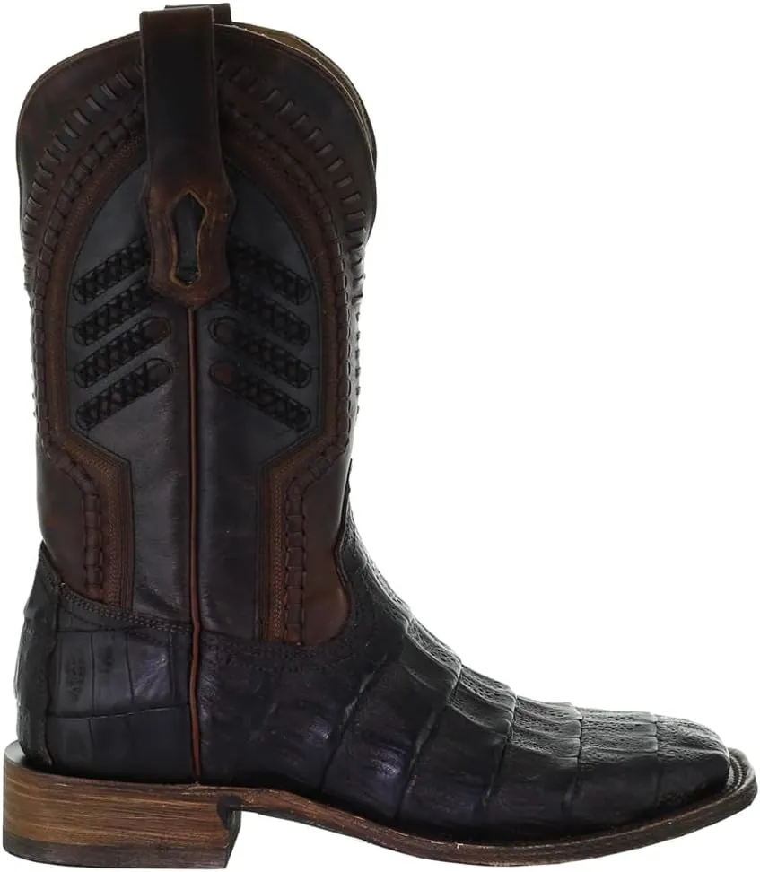 CORRAL MEN'S OIL BROWN CAIMAN EMBROIDERY & WOVEN SHAFT SQ. TOE, LEATHER SOLE, WESTERN A3878