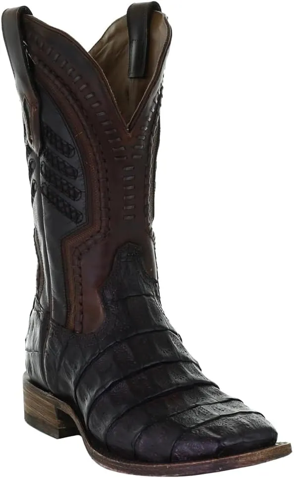 CORRAL MEN'S OIL BROWN CAIMAN EMBROIDERY & WOVEN SHAFT SQ. TOE, LEATHER SOLE, WESTERN A3878
