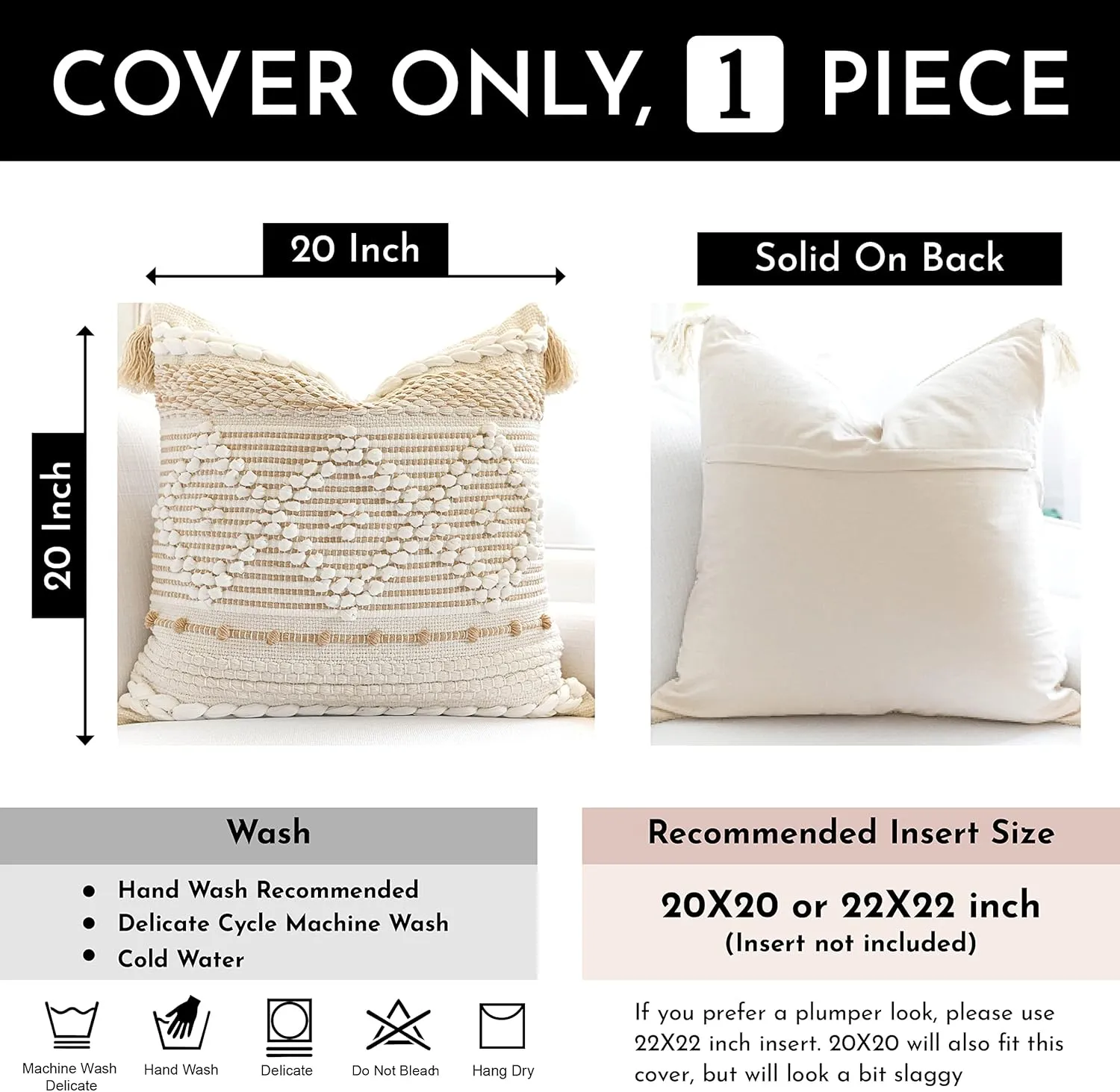 Cream White Boho Throw Pillow Cover 20X20, Boho Woven Textured Pillow Cover, Neutral Pillow Cover, Sofa Couch Bed Farmhouse Lumbar Pillow (Cover ONLY)