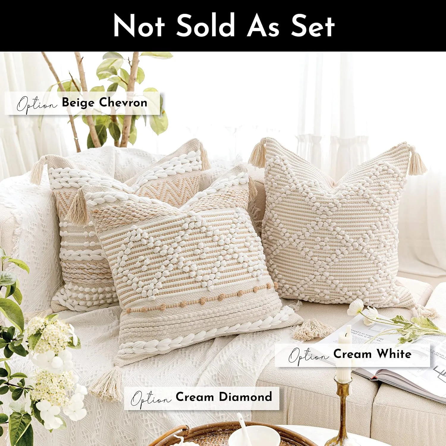 Cream White Boho Throw Pillow Cover 20X20, Boho Woven Textured Pillow Cover, Neutral Pillow Cover, Sofa Couch Bed Farmhouse Lumbar Pillow (Cover ONLY)