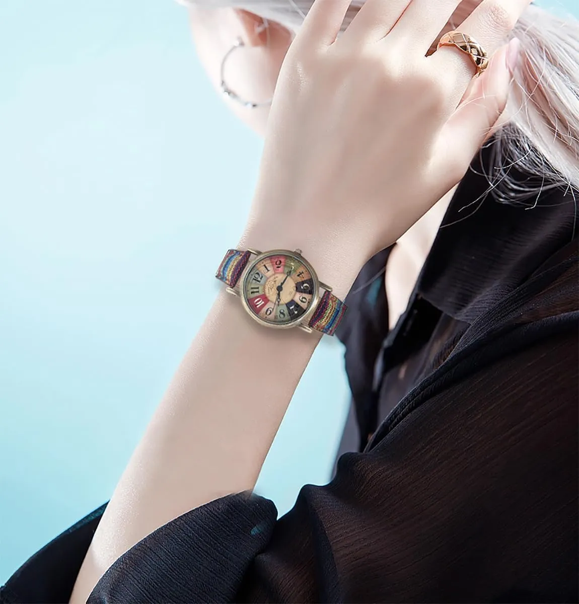Creative Multicolor Watch for Women Woven Strap Fashion Rainbow Pattern Women's Watches Boho Hippie Watch Casual Style Wonderful Ladies Gift