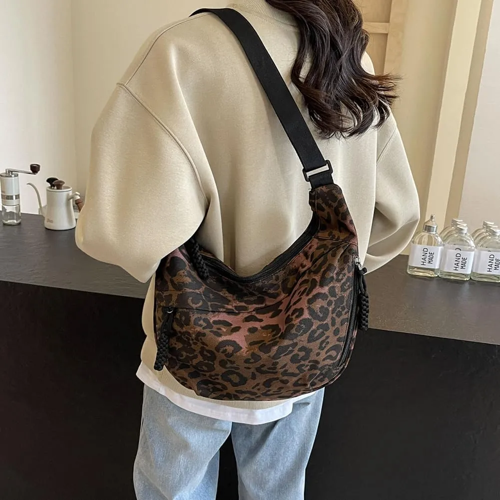 Crescent Crossbody for Women, Fashion Leopard Shoulder Nylon Luna Dumpling Moon Hobo Bag