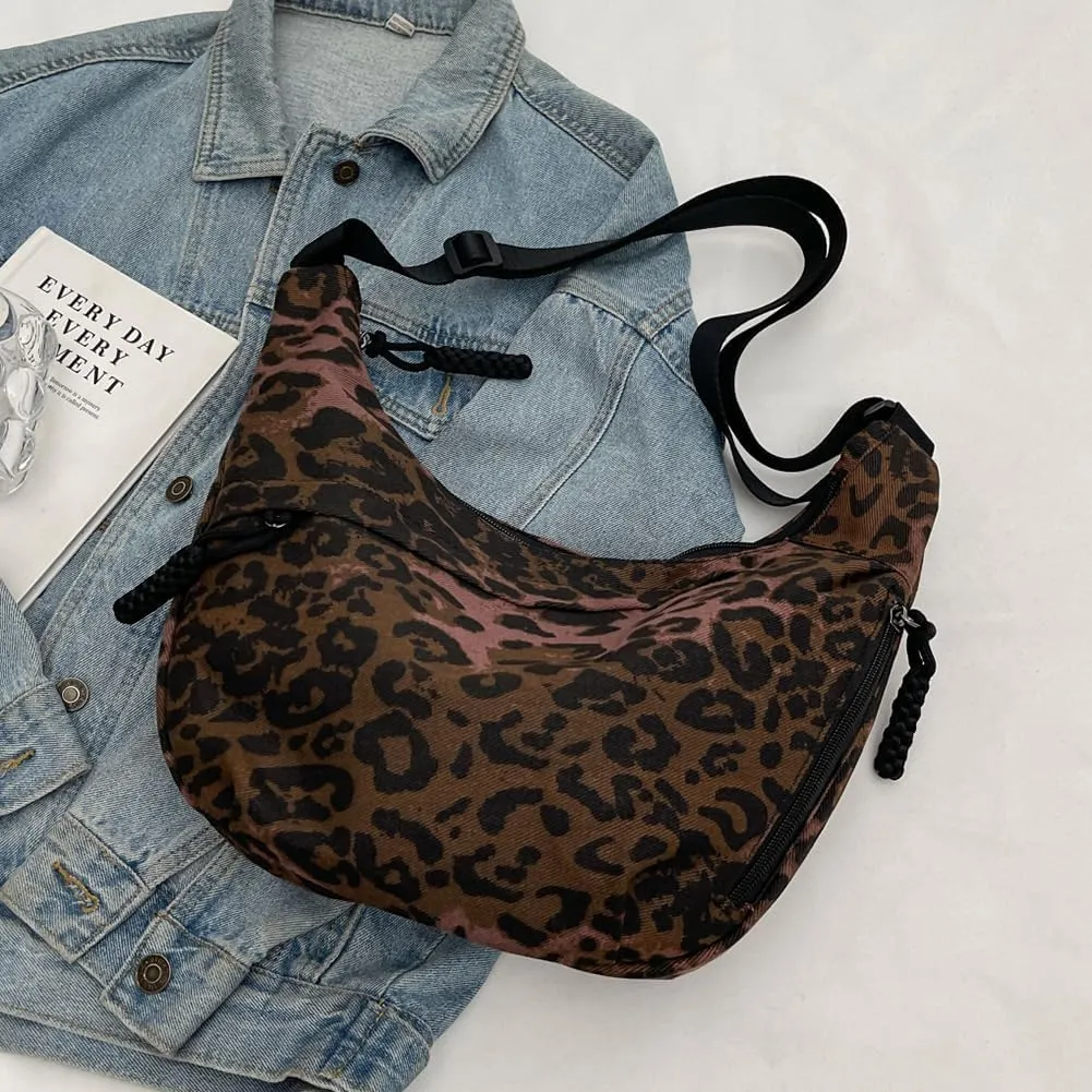 Crescent Crossbody for Women, Fashion Leopard Shoulder Nylon Luna Dumpling Moon Hobo Bag