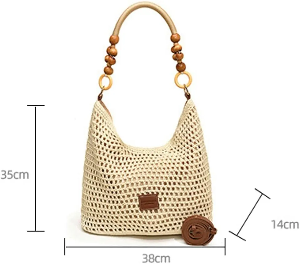 Crochet Cotton Bag for Women Summer Beach Woven Hobo Handbag Fashion Bead Handmade Shoulder Bag Purse