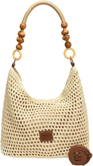 Crochet Cotton Bag for Women Summer Beach Woven Hobo Handbag Fashion Bead Handmade Shoulder Bag Purse
