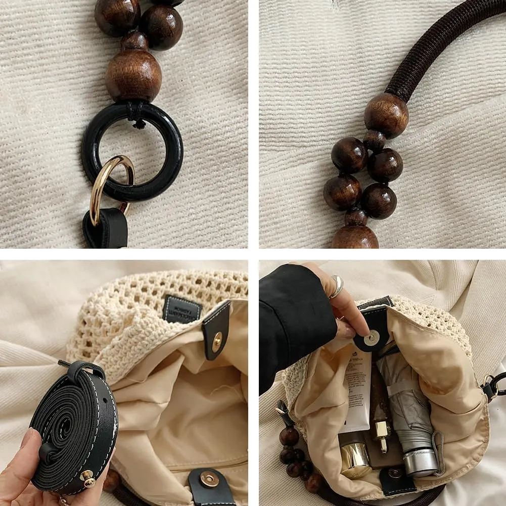 Crochet Cotton Bag for Women Summer Beach Woven Hobo Handbag Fashion Bead Handmade Shoulder Bag Purse
