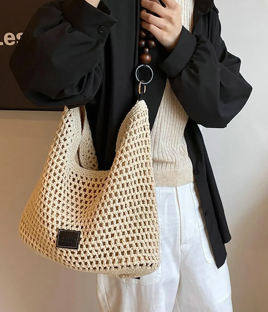 Crochet Cotton Bag for Women Summer Beach Woven Hobo Handbag Fashion Bead Handmade Shoulder Bag Purse