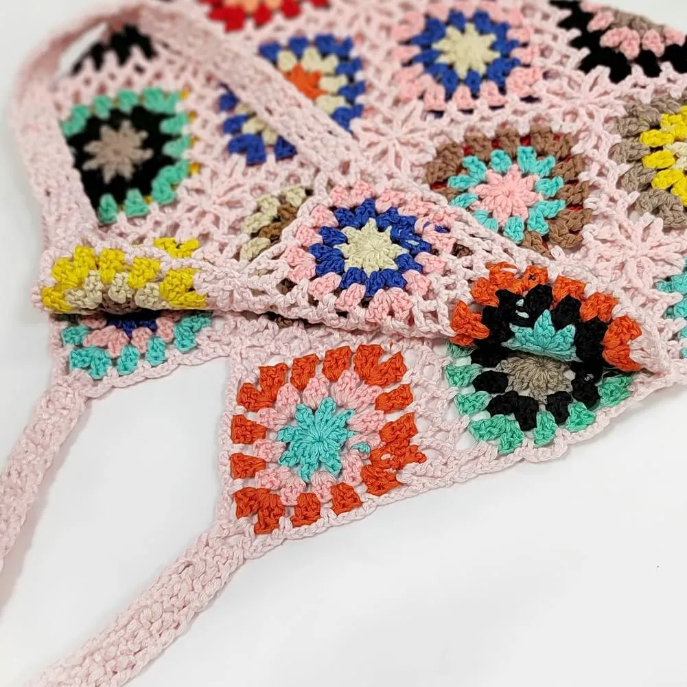 Crochet Handbags for Women Knitted Handmade Shouder Bag Colorful Summer Tote Woven Top Handle Purse Vacation