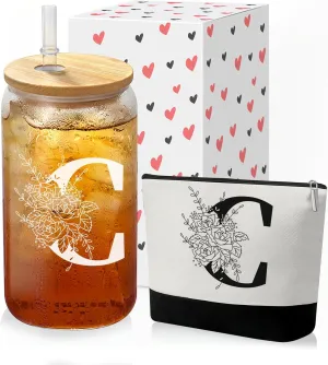 Custom Glass Cup & Makeup Bag Set - Personalized Gifts for Women, Initial 16 oz Glass Tumbler with Lid & Straw, Monogram Makeup Bag - Birthday Gifts For Women, Mother's Day Presents(C)