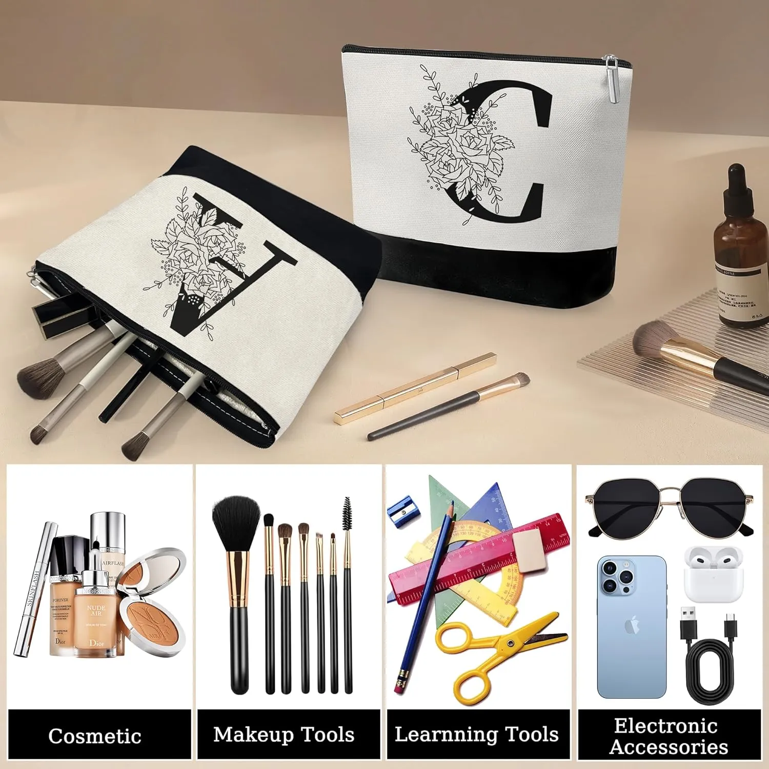 Custom Glass Cup & Makeup Bag Set - Personalized Gifts for Women, Initial 16 oz Glass Tumbler with Lid & Straw, Monogram Makeup Bag - Birthday Gifts For Women, Mother's Day Presents(C)