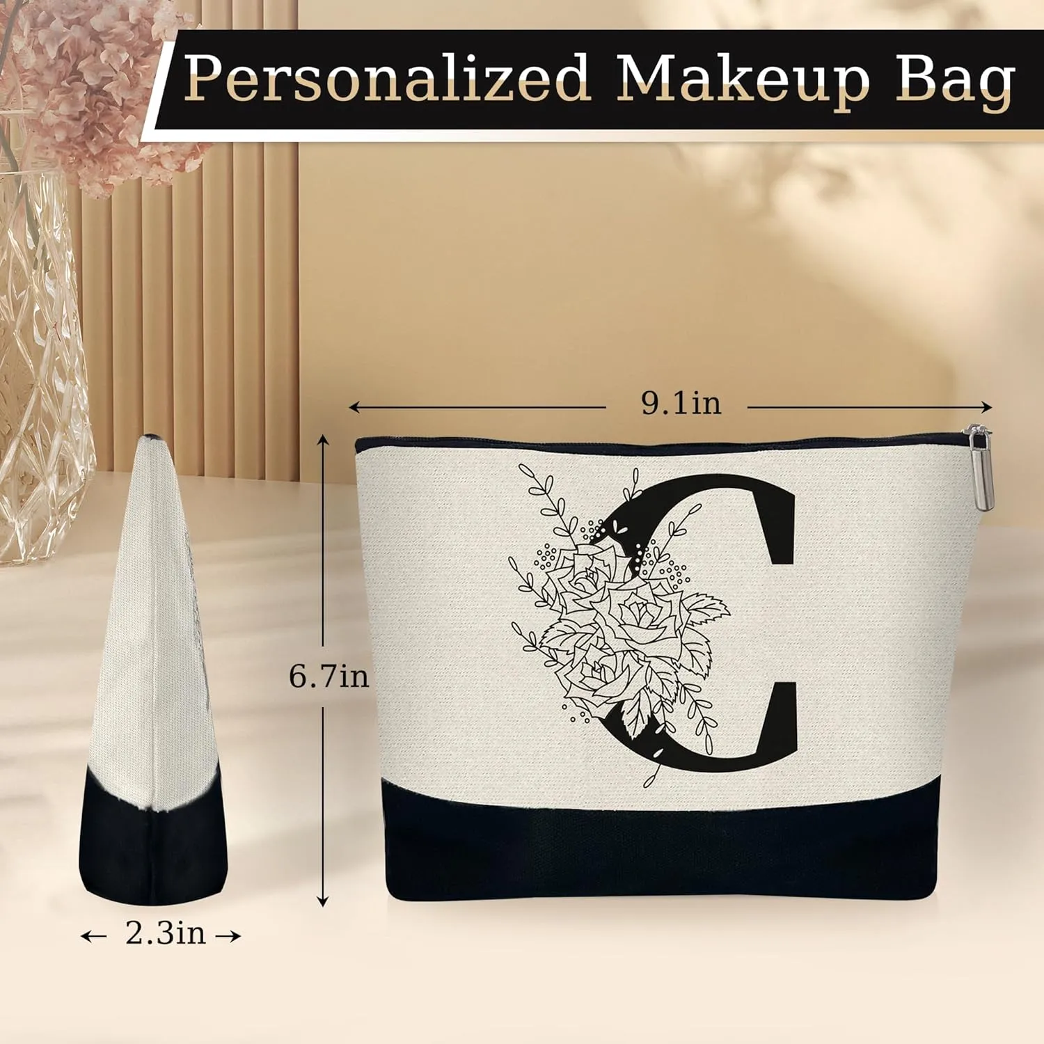 Custom Glass Cup & Makeup Bag Set - Personalized Gifts for Women, Initial 16 oz Glass Tumbler with Lid & Straw, Monogram Makeup Bag - Birthday Gifts For Women, Mother's Day Presents(C)