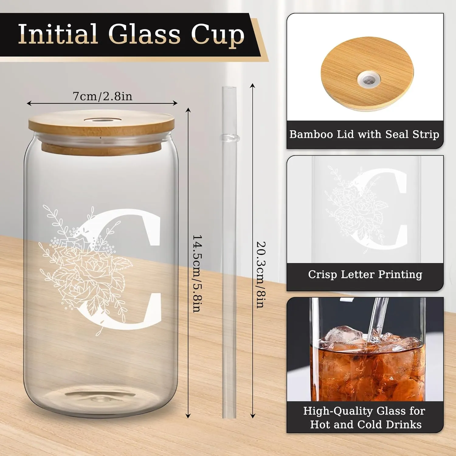 Custom Glass Cup & Makeup Bag Set - Personalized Gifts for Women, Initial 16 oz Glass Tumbler with Lid & Straw, Monogram Makeup Bag - Birthday Gifts For Women, Mother's Day Presents(C)