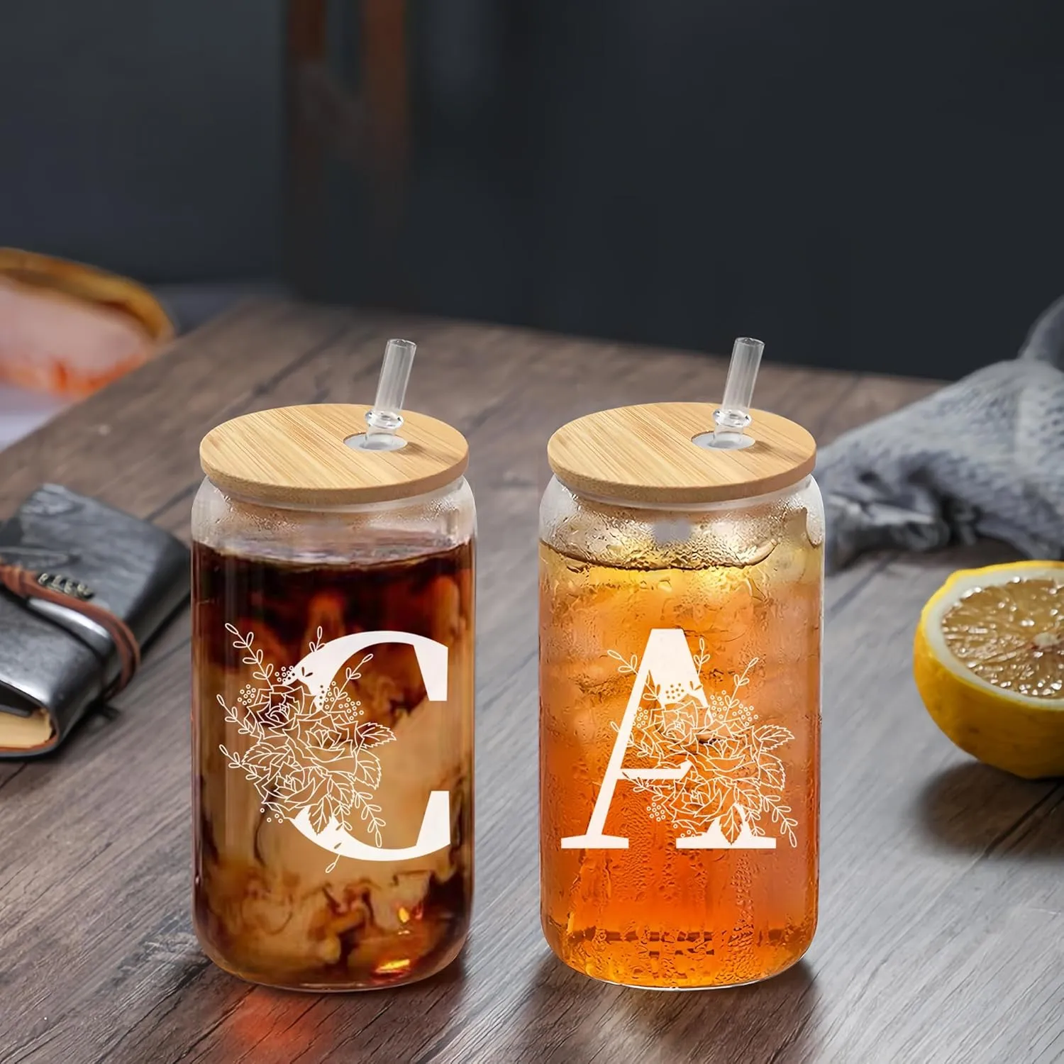 Custom Glass Cup & Makeup Bag Set - Personalized Gifts for Women, Initial 16 oz Glass Tumbler with Lid & Straw, Monogram Makeup Bag - Birthday Gifts For Women, Mother's Day Presents(C)