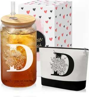 Custom Glass Cup & Makeup Bag Set - Personalized Gifts for Women, Initial 16 oz Glass Tumbler with Lid & Straw, Monogram Makeup Bag - Birthday Gifts For Women, Mother's Day Presents(D)