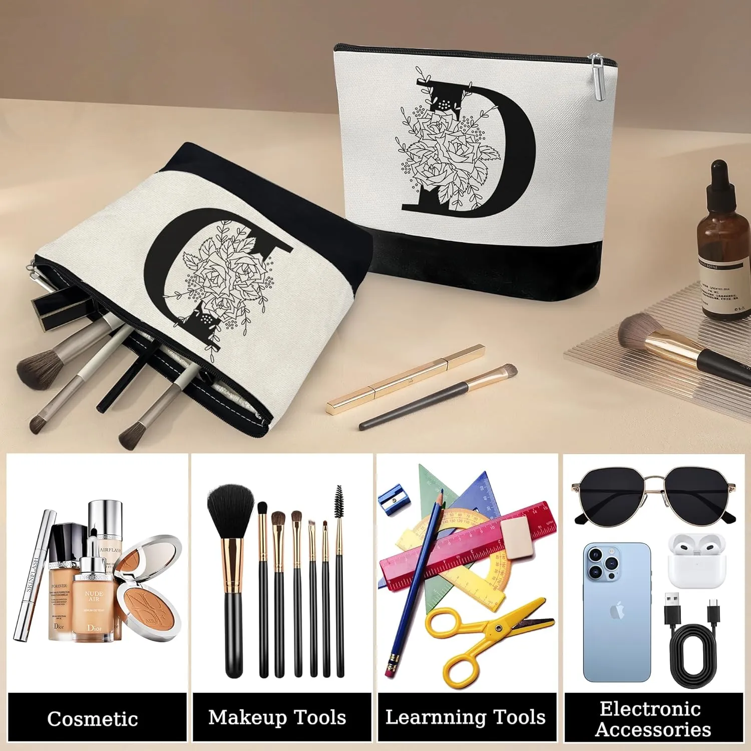 Custom Glass Cup & Makeup Bag Set - Personalized Gifts for Women, Initial 16 oz Glass Tumbler with Lid & Straw, Monogram Makeup Bag - Birthday Gifts For Women, Mother's Day Presents(D)