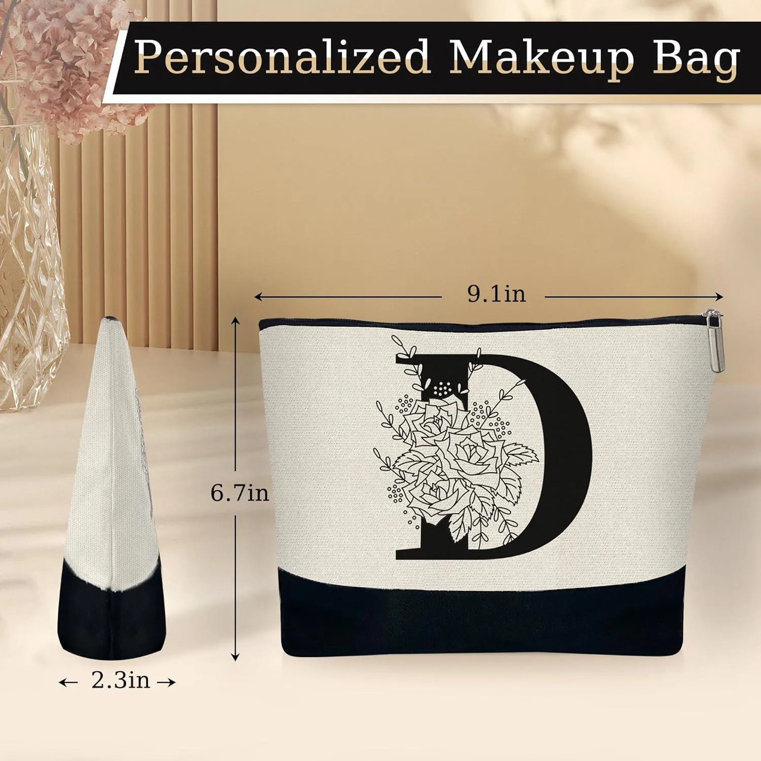 Custom Glass Cup & Makeup Bag Set - Personalized Gifts for Women, Initial 16 oz Glass Tumbler with Lid & Straw, Monogram Makeup Bag - Birthday Gifts For Women, Mother's Day Presents(D)