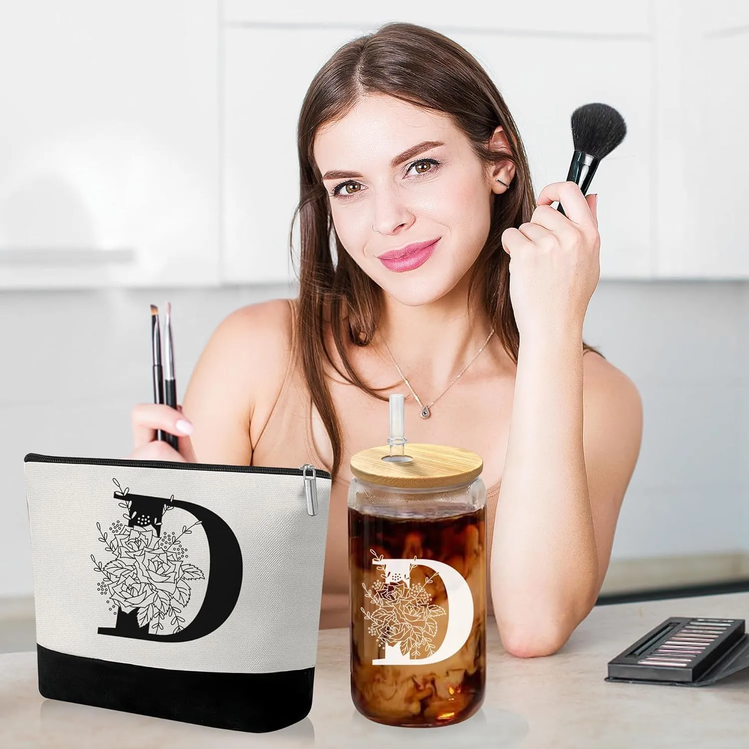 Custom Glass Cup & Makeup Bag Set - Personalized Gifts for Women, Initial 16 oz Glass Tumbler with Lid & Straw, Monogram Makeup Bag - Birthday Gifts For Women, Mother's Day Presents(D)