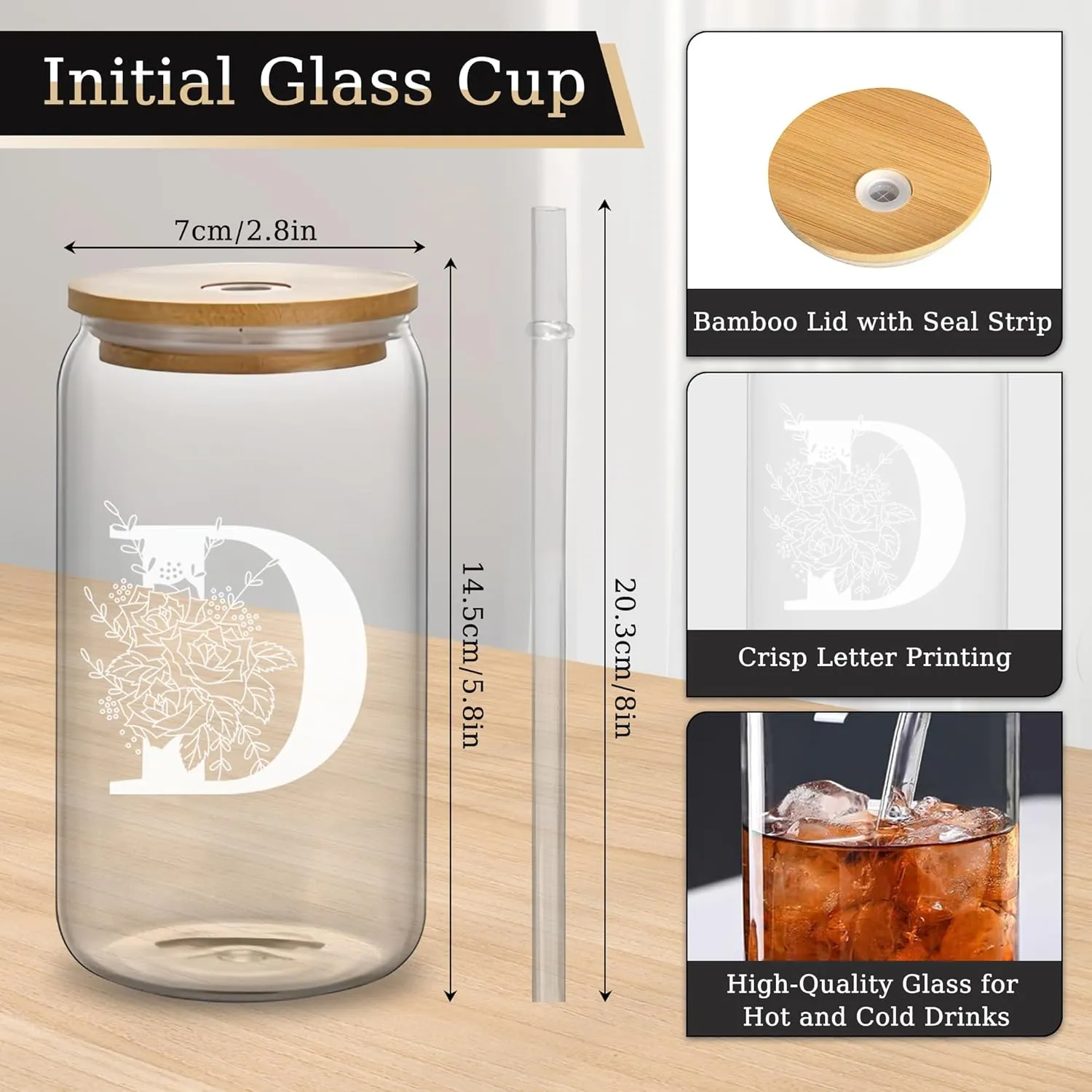 Custom Glass Cup & Makeup Bag Set - Personalized Gifts for Women, Initial 16 oz Glass Tumbler with Lid & Straw, Monogram Makeup Bag - Birthday Gifts For Women, Mother's Day Presents(D)