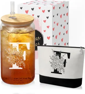 Custom Glass Cup & Makeup Bag Set - Personalized Gifts for Women, Initial 16 oz Glass Tumbler with Lid & Straw, Monogram Makeup Bag - Birthday Gifts For Women, Mother's Day Presents(F)