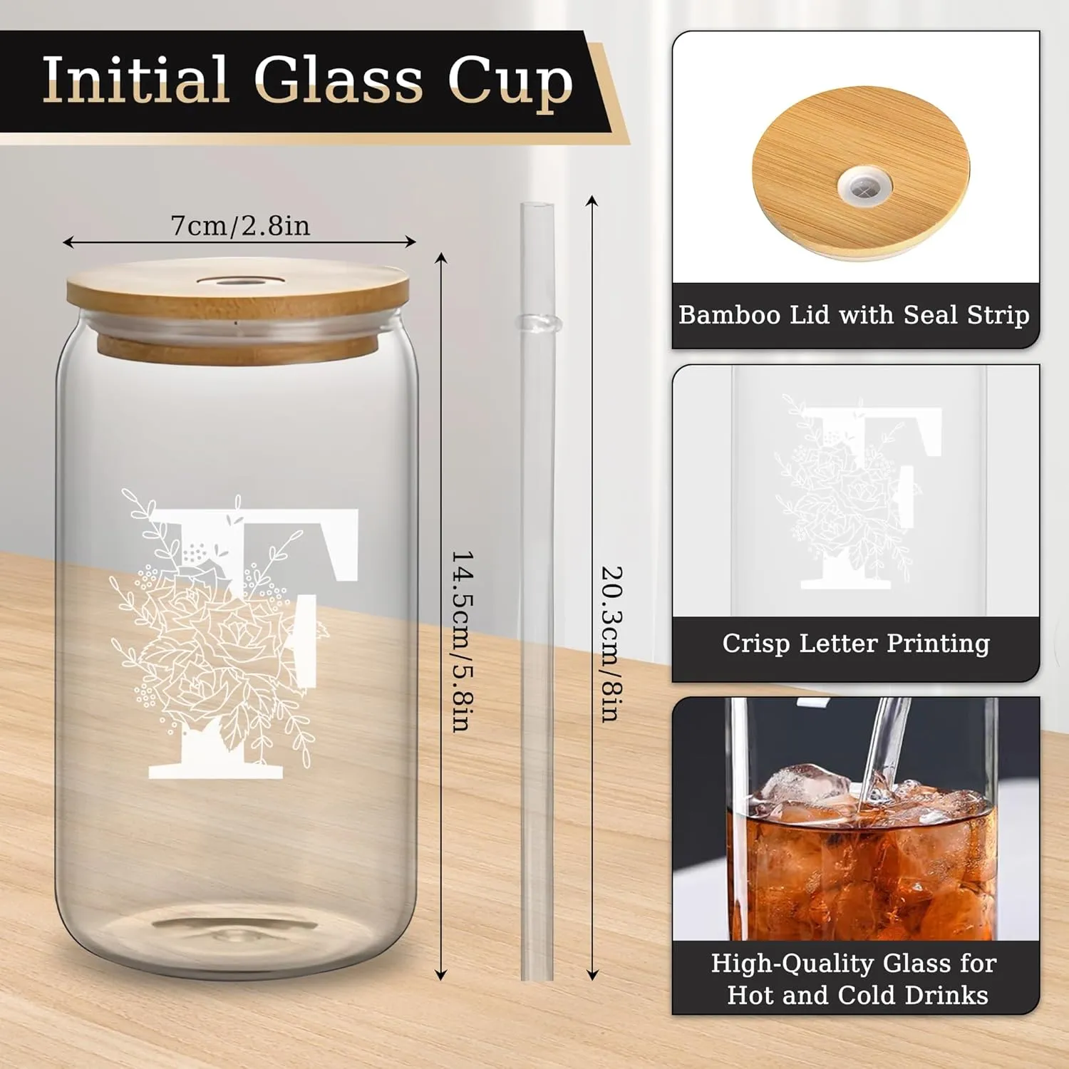 Custom Glass Cup & Makeup Bag Set - Personalized Gifts for Women, Initial 16 oz Glass Tumbler with Lid & Straw, Monogram Makeup Bag - Birthday Gifts For Women, Mother's Day Presents(F)