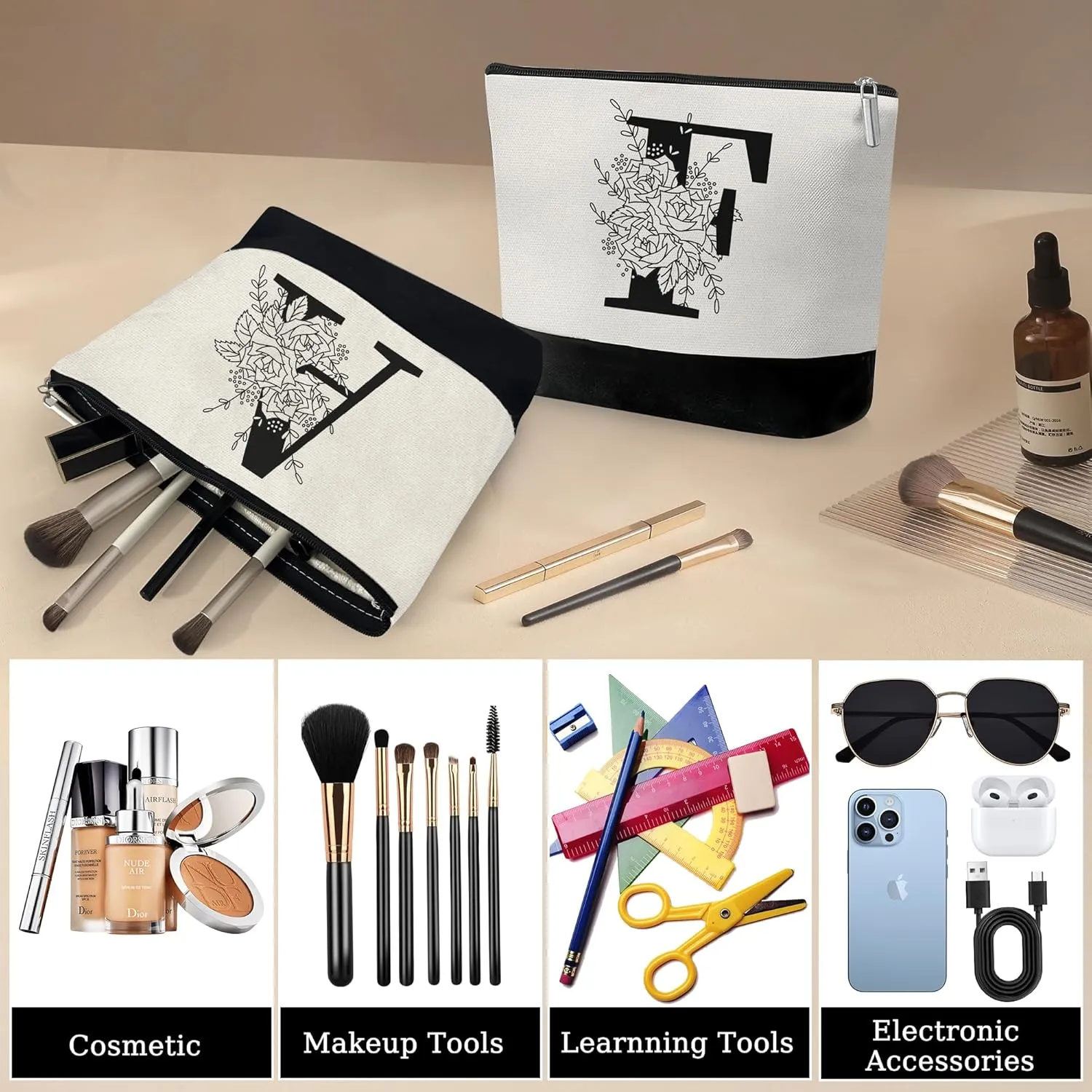 Custom Glass Cup & Makeup Bag Set - Personalized Gifts for Women, Initial 16 oz Glass Tumbler with Lid & Straw, Monogram Makeup Bag - Birthday Gifts For Women, Mother's Day Presents(F)