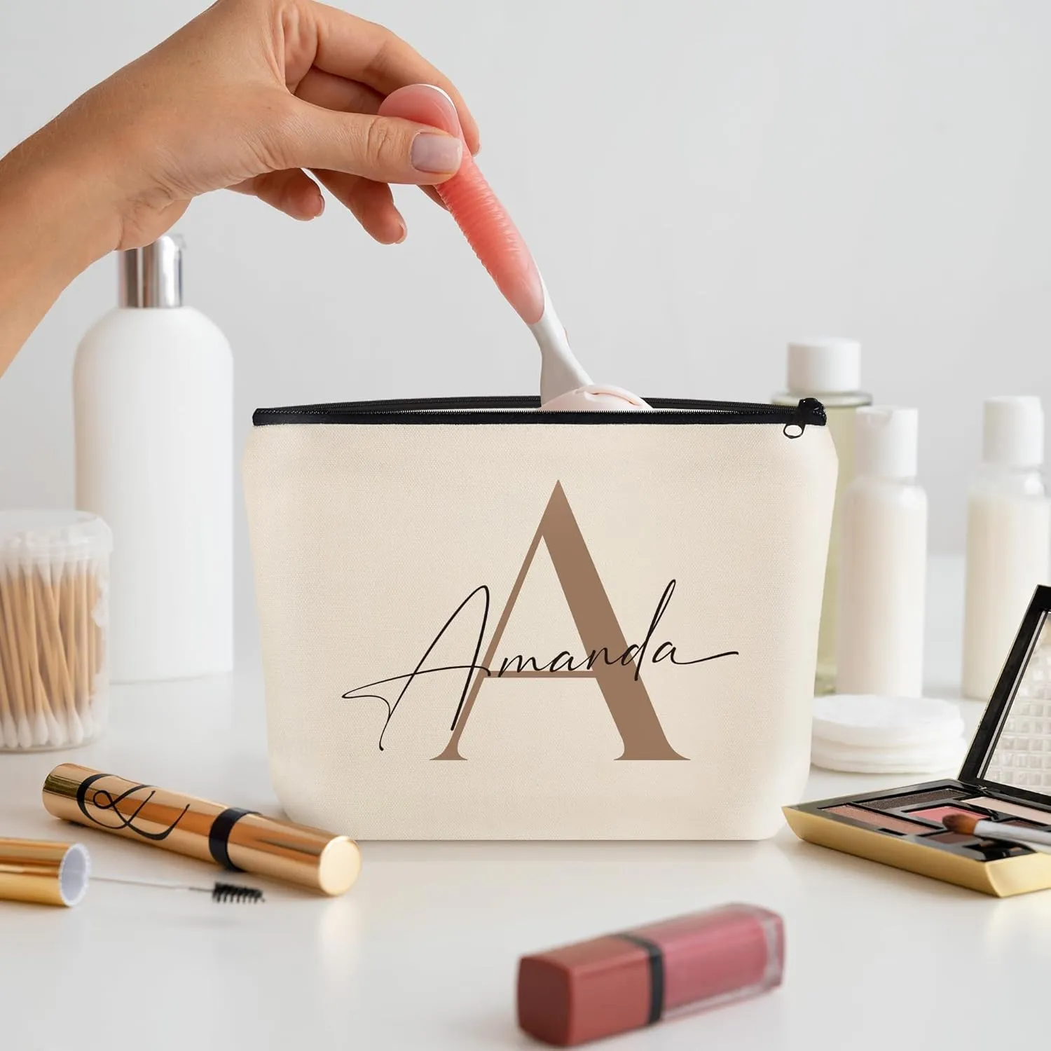 Custom Travel Makeup Bag with Initial & Name, Bridesmaids Gifts, Personalized Cosmetic Bag for Bridal Shower Gift, Birthday Gift for Girls (Initial 02)