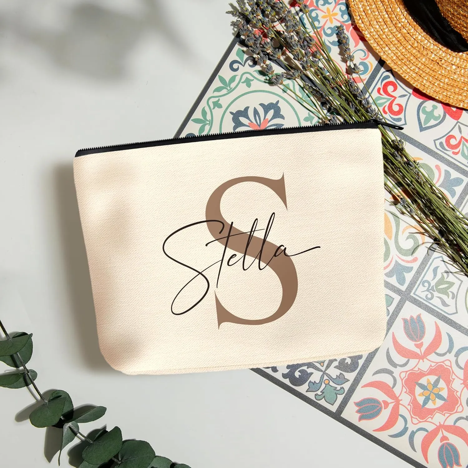 Custom Travel Makeup Bag with Initial & Name, Bridesmaids Gifts, Personalized Cosmetic Bag for Bridal Shower Gift, Birthday Gift for Girls (Initial 02)