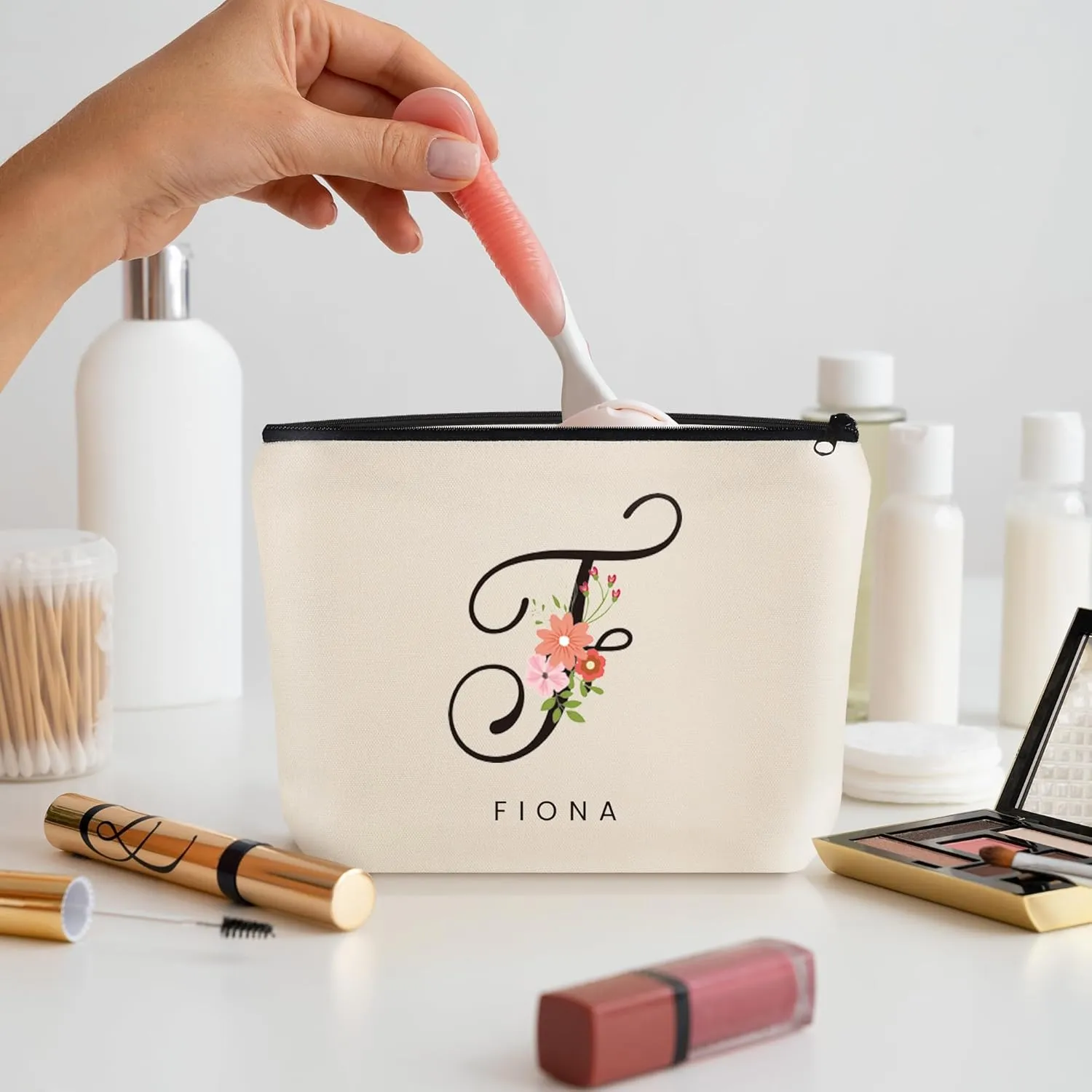 Custom Travel Makeup Bag with Initial & Name, Bridesmaids Gifts, Personalized Cosmetic Bag for Bridal Shower Gift