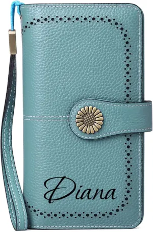 Custom Wristlet Wallet,Personalized Engraved Name Wallets with RFID Blocking Large Capacity Clutch Genuine Leather Purse Credit Card Holder for Women(Natural-Sky Blue)