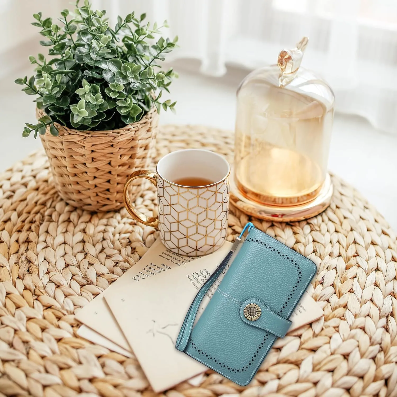 Custom Wristlet Wallet,Personalized Engraved Name Wallets with RFID Blocking Large Capacity Clutch Genuine Leather Purse Credit Card Holder for Women(Natural-Sky Blue)