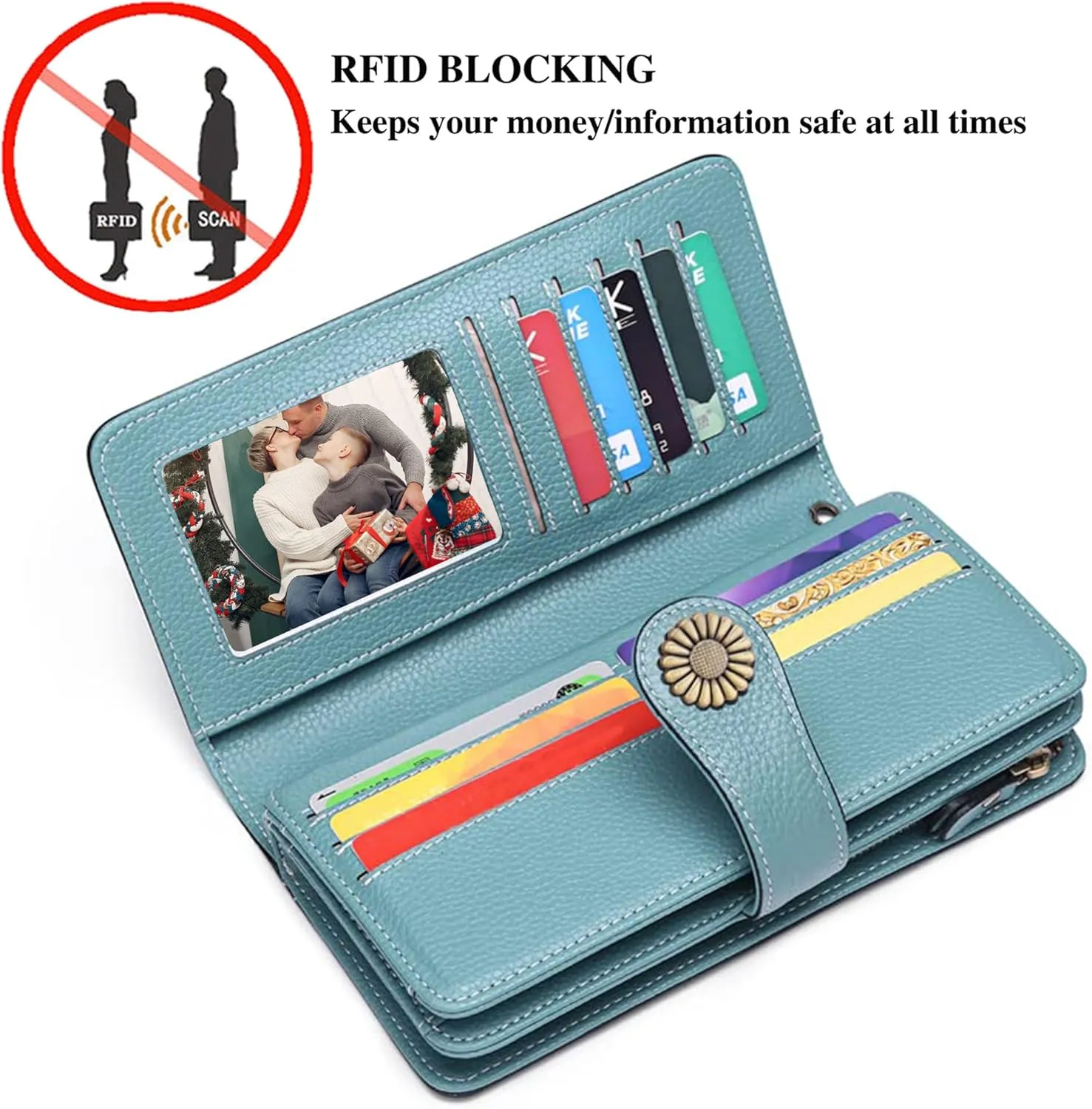 Custom Wristlet Wallet,Personalized Engraved Name Wallets with RFID Blocking Large Capacity Clutch Genuine Leather Purse Credit Card Holder for Women(Natural-Sky Blue)