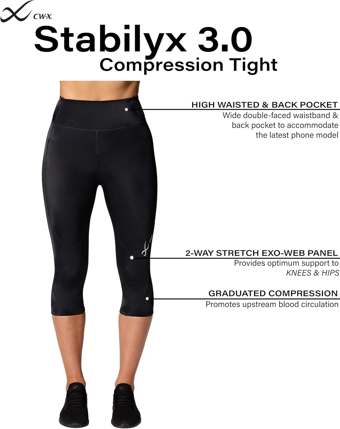 CW-X Women's Stabilyx 3.0 Joint Support 3/4 Capri Compression Tight, High-Rise Leggings with Back Phone Pocket for Running