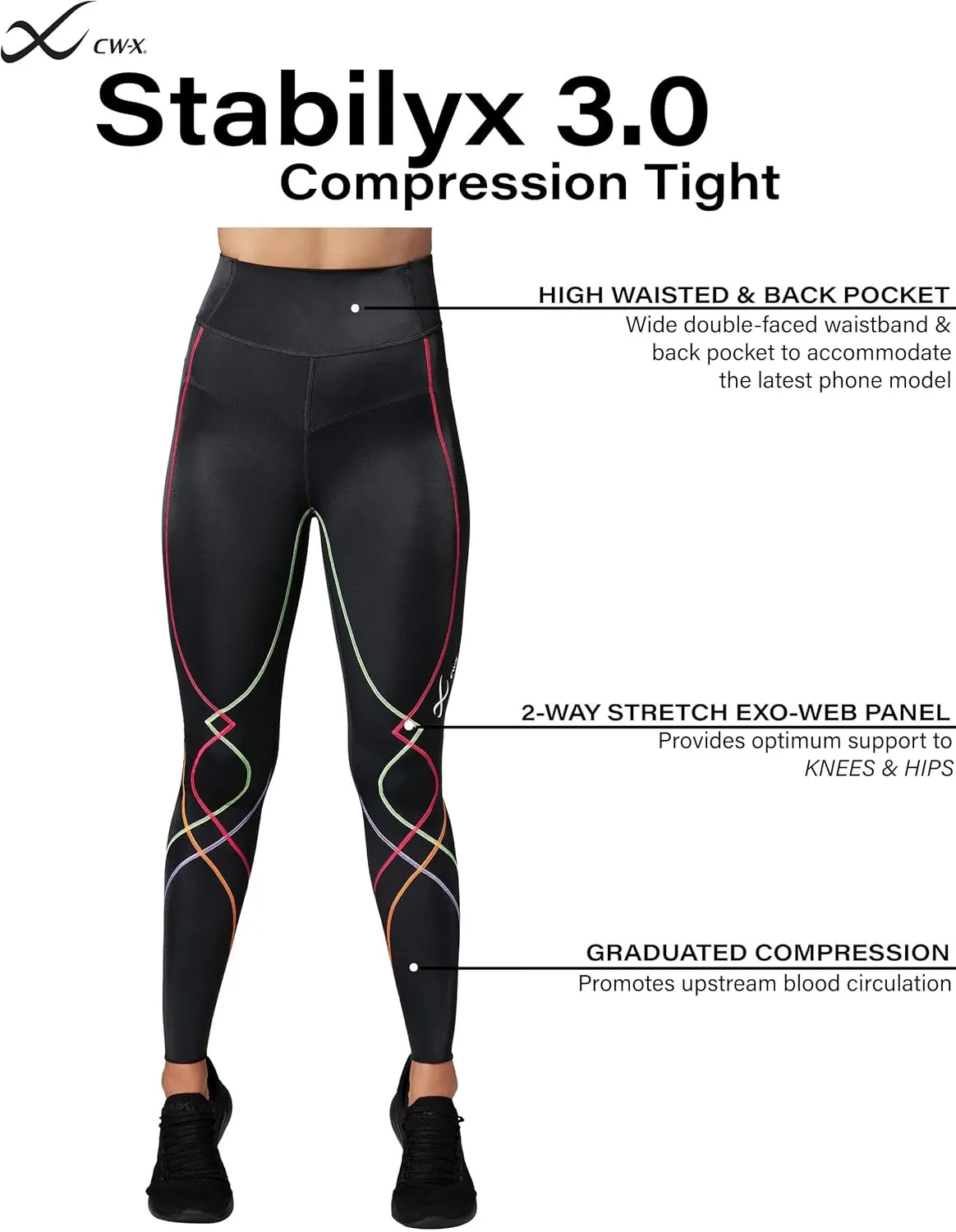 CW-X Women's Stabilyx 3.0 Joint Support 3/4 Capri Compression Tight, High-Rise Leggings with Back Phone Pocket for Running