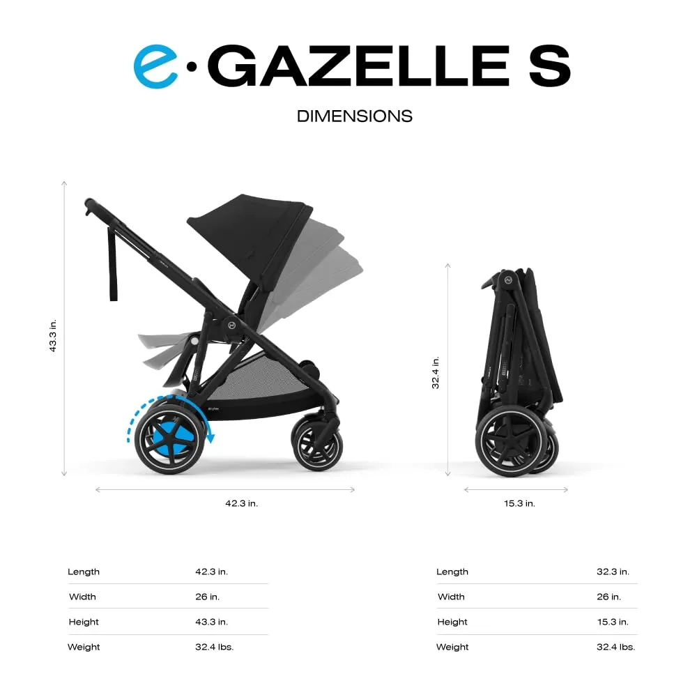 Cybex e-Gazelle S Electronic Assist Stroller – Gazelle S Single-to-Double Electric Stroller, Smart Assist, Rocking Mode, 20  Configurations & Compact Fold, Moon Black with Black Frame